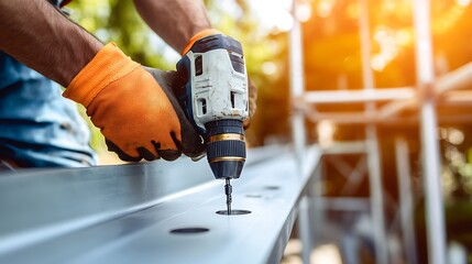 Construction Worker Using a Cordless Drill on Metal Surface