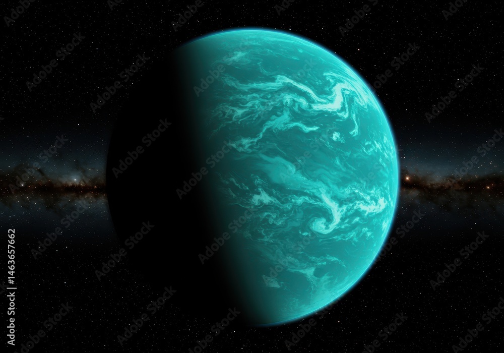 Poster turquoise planet with swirling clouds in deep space against a backdrop of distant stars and nebula