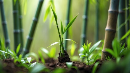 Bamboo seedling sprouting from the earth within the undergrowth