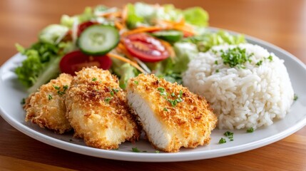 Close Up Panko Chicken with Rice and Salad - Delicious crispy panko chicken breast, fluffy white rice, fresh vibrant salad, healthy meal, satisfying lunch