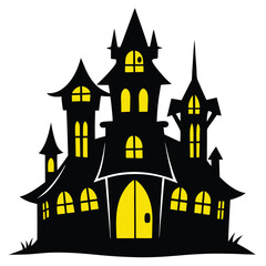 Cartoon Haunted House with Yellow Windows and Twisted Architecture Isolated on White Background
