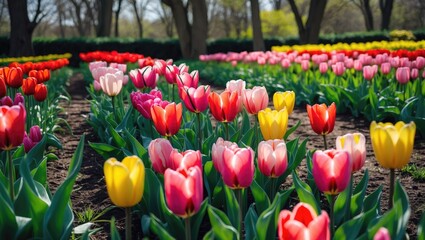 Beautiful garden filled with blooming tulips