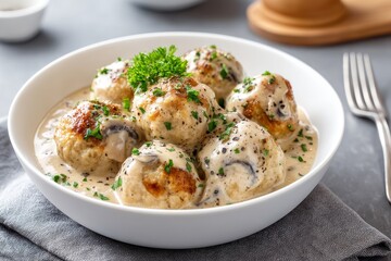 Creamy Mushroom Sauce Chicken Meatballs - Comfort food, creamy sauce, savory meatballs, mushroom flavor, delicious dinner. Represents warmth, satisfaction, ease of preparation, family meal