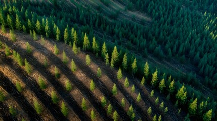 Fototapeta premium Discover a brand-new hillside windbreak plantation project demonstrating rich landscape restoration and environmental protection benefits