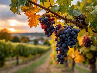 Fototapeta premium Autumn vineyard sunset with grapes