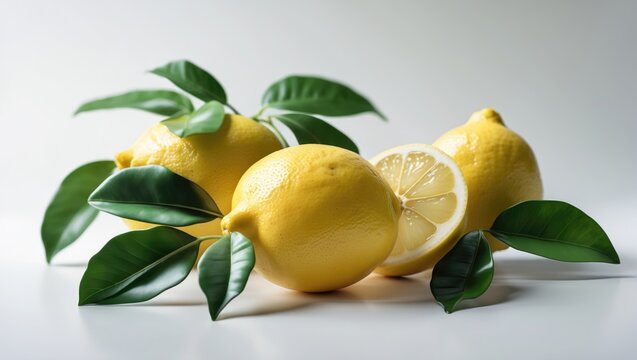 Natural lemon with leaves, including a sliced lemon and a half lemon on a white surface
