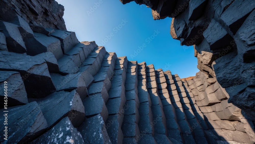Poster natural basalt columns displaying geometric textures shaped by volcanic activity and geological proc