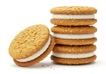 Stack of oatmeal cream pies with one leaning against the pile on a white background