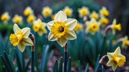 Obraz premium Zoomed-in shot of yellow daffodils in bloom