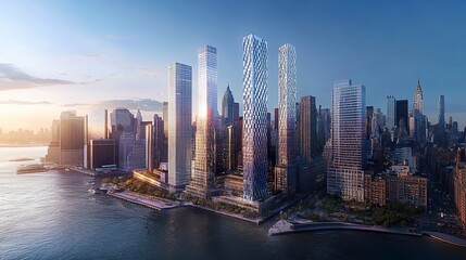 A panoramic view of the Financial District, featuring soaring skyscrapers with geometric patterns, reflecting the bustling energy of the city 