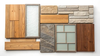 Mixed material abstract layout featuring wood, stone, and glass textures, creating a modern, earthy design perfect for interior decor, architecture, and creative visual projects