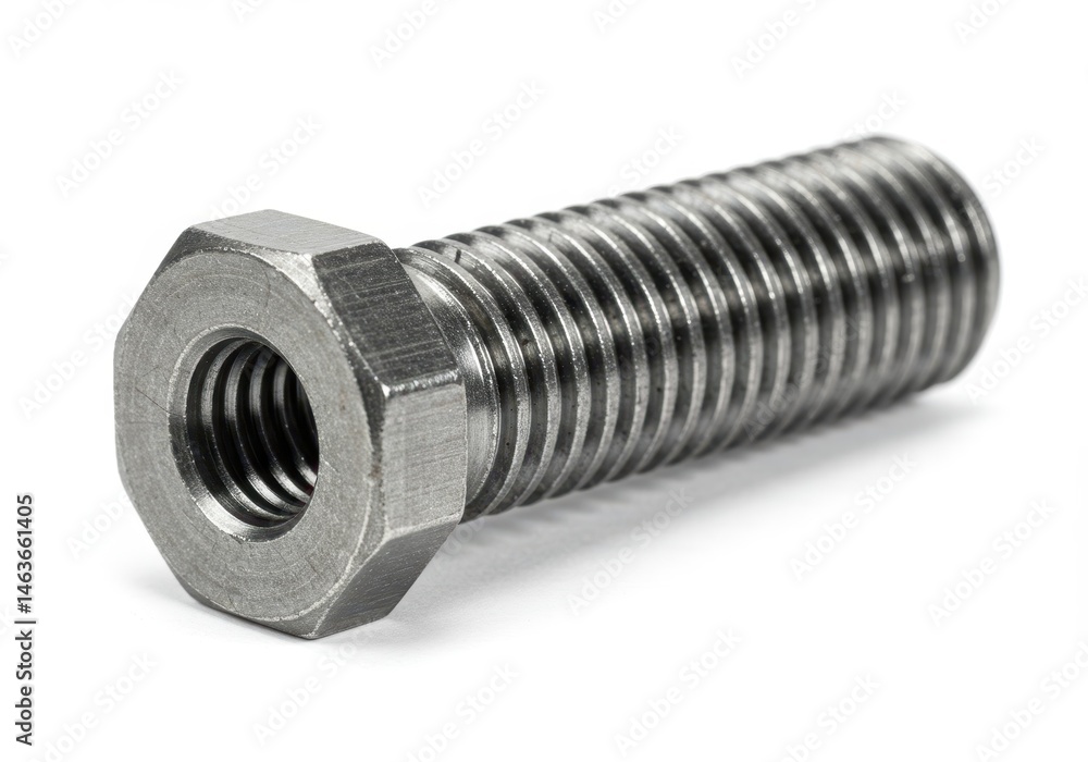 Poster close-up of a single metal bolt with threads and a hexagonal head on a white background