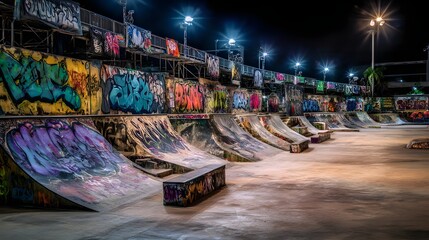 Fototapeta premium A row of graffiti covered skate ramps under stadium lights ignites urban street culture thrills