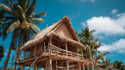 Explore a bamboo hut under construction showcasing sustainable architecture techniques and intricate joinery craftsmanship details