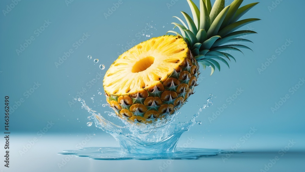 Poster pineapple slice soaring in the air with juice splash on a plain background, high-resolution image