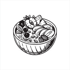 Monochrome Breakfast Bowl Vector with Fruits and Nuts