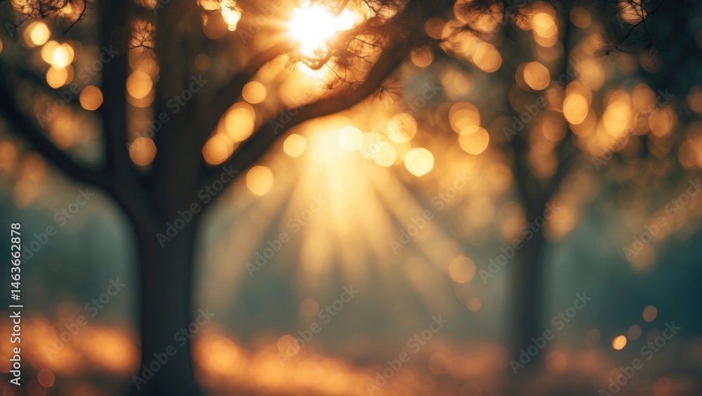 Poster bright sunlight creating a bokeh effect amidst trees and colorful foliage