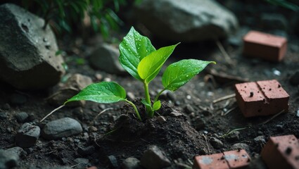 Close-up of a tiny plant with fresh green leaves growing in soil with rocks and bricks around it