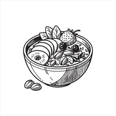 Monochrome Breakfast Bowl Vector with Fruits and Nuts