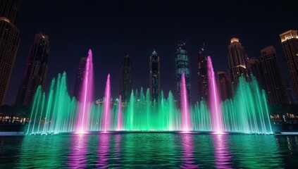 mesmerizing fountain spectacle illuminating dubai's skyline with vibrant emerald and fuchsia hues