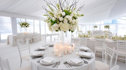 Elegant White Wedding Reception Decor - Modern minimalist wedding, white floral centerpieces, candlelight, elegant tablescape, romantic ambiance. Symbolizing purity, elegance, simplicity, romance