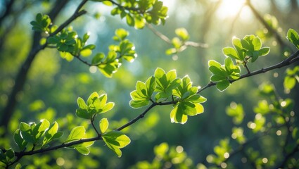 Springtime brings new green buds on tree branches, shining brightly in sunlight and depicting lively energy.