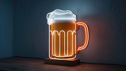 Bright neon sign featuring beer glass in white and orange tones with retro style for summer entertainment