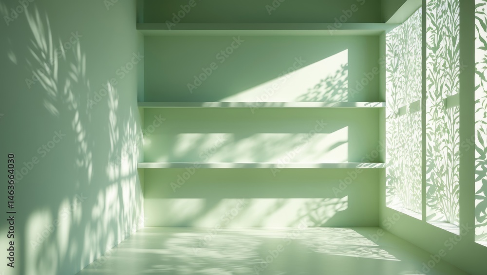 Aufkleber empty shelf or counter with backdrop wall in a room featuring natural light for product display