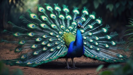 Obraz premium Colorful peafowl male with iridescent feathers fanning out, revealing intricate eye-like designs and vibrant hues