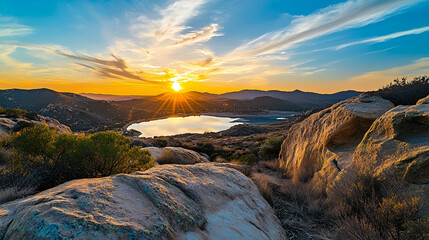 Naklejka premium Vibrant Sunset Over a Serene Lake and Mountain Landscape