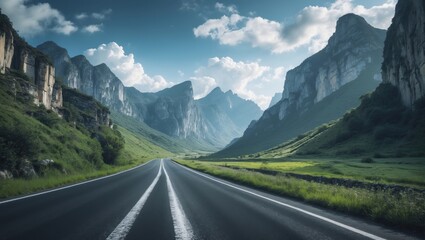 Naklejka premium Asphalt street amidst scenic mountains and lush natural surroundings.