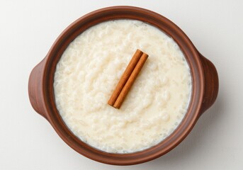 Overhead view of rice pudding with cinnamon stick in a brown ceramic bowl on a white surface