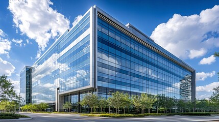 Fototapeta premium A sleek, modern office building with a glass facade, reflecting the blue sky and nearby structures, showcasing clean architectural lines and urban elegance 