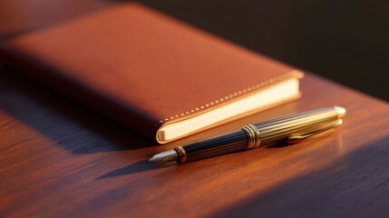 Elegant leather notebook and luxury pen on wooden desk at sunset light