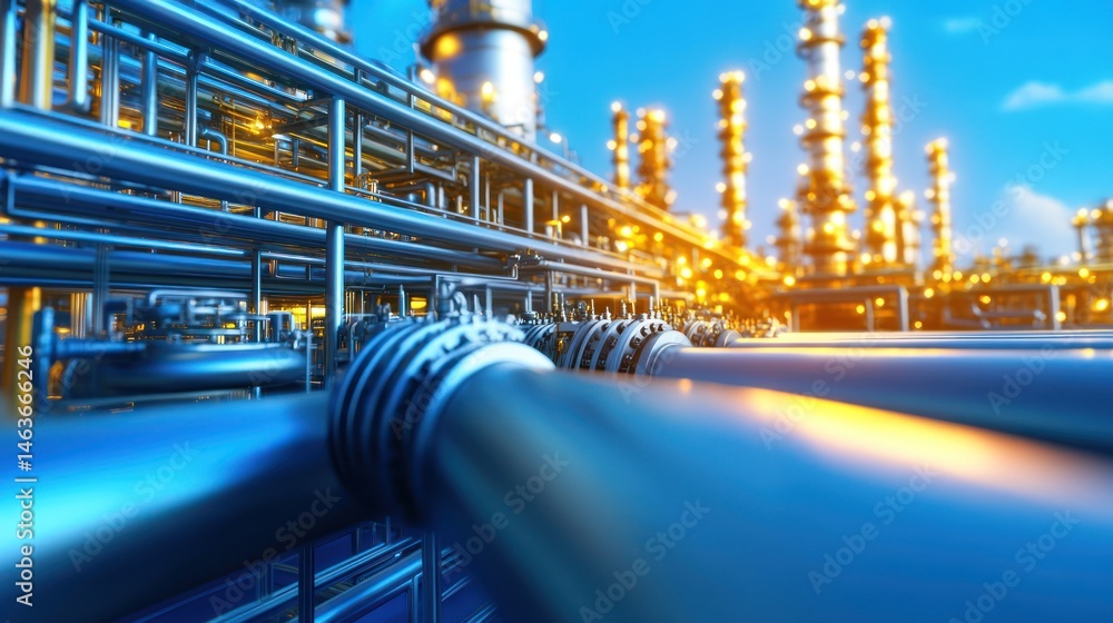 Poster industrial pipeline and refinery structures close up view of metallic pipes and complex network