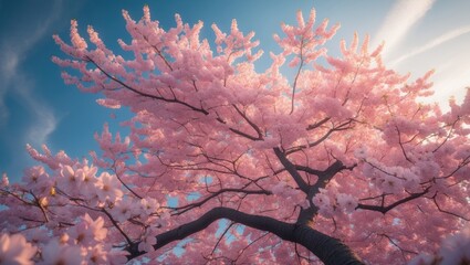 Blooming cherry blossom branch against a vibrant spring background