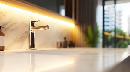 Modern bathroom sink with sleek faucet, marble countertop, and urban view through window