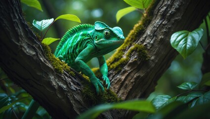Close-up of a colorful chameleon climbing a tree trunk in a lush jungle setting.