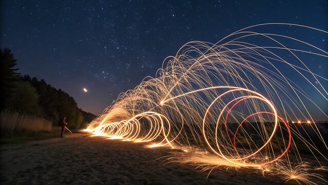 Sparkler trails captured in long exposure photography, creating bright, dynamic light streaks against a dark background, perfect for festive celebrations, party visuals, creative design, and night sce