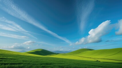 Obraz premium Vibrant grassland over rolling hills under a clear blue sky with clouds