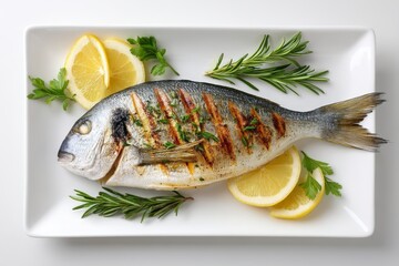 Grilled Dorado with Lemon and Rosemary - A delicious whole roasted dorado, seasoned with rosemary and lemon, presented on a white platter. Symbolizes freshness, healthy eating, Mediterranean cuisine