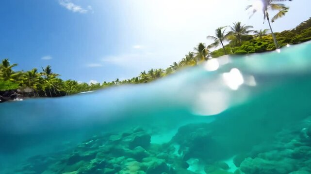 Fly-through, high speed fpv video over a white sand beach paradise island, turquoise water, palm trees swaying, clear blue skies