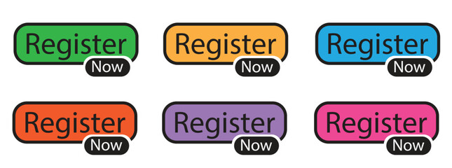 vector set of labels register now buttons