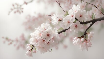 Obraz premium Cherry blossom branch in full bloom on a soft blurred spring background, highlighting white and pink buds with room for text