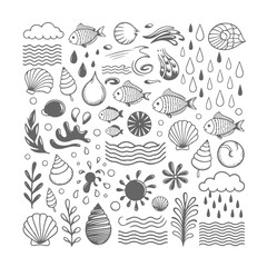 Set of ocean themed doodle on white background. Hand drawn abstract doodle isolated on white background.