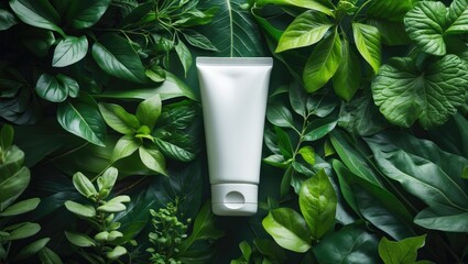 Organic plant-based skincare product tube surrounded by green leaves.