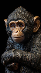 Sculpture d'un singe souriant en gros plan, la statuette décorative est noire avec un effet bronze isolée sur fond noir 