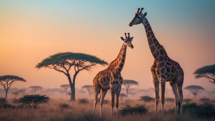 Scenic sunset view of giraffes across the African savanna in Botswana