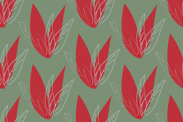 A foliage of leaves and silhouettes as a minimalist botanical pattern in a color palette of red and off white in a green background. Christmas seamless vector pattern. Great for home decor, fabric.