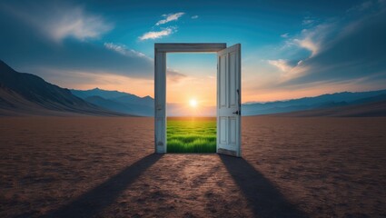 Door representing creative opportunities on an abstract landscape backdrop for success and access concept